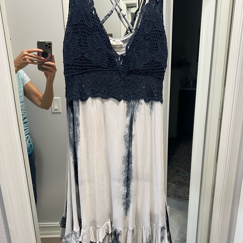 LA MIEL Navy Crochet Bodice Tie-Dye Midi Dress